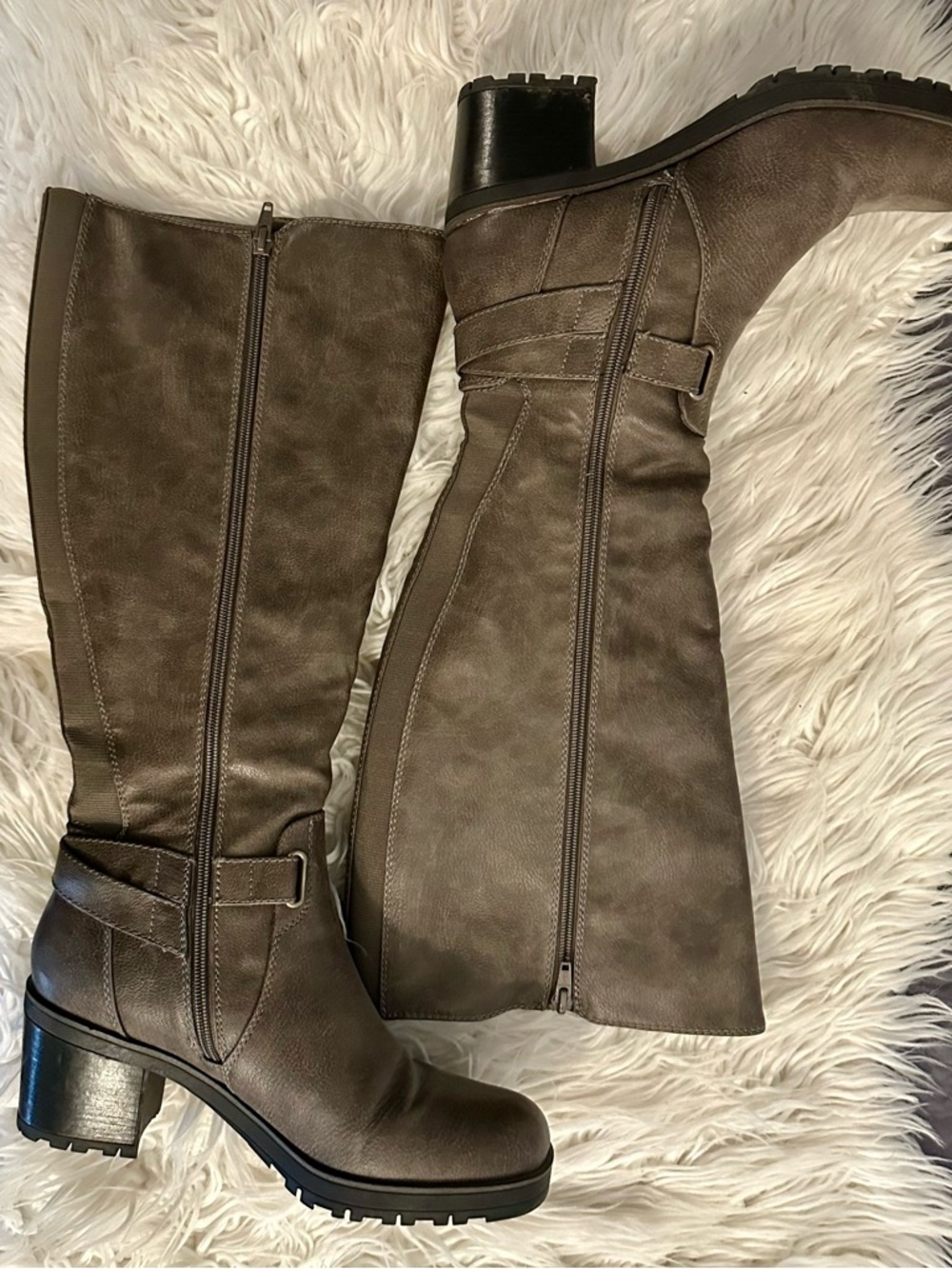 Bare Trap Wide Calf Knee-High Buckle Riding Boots in Taupe - Picture 2 of 9